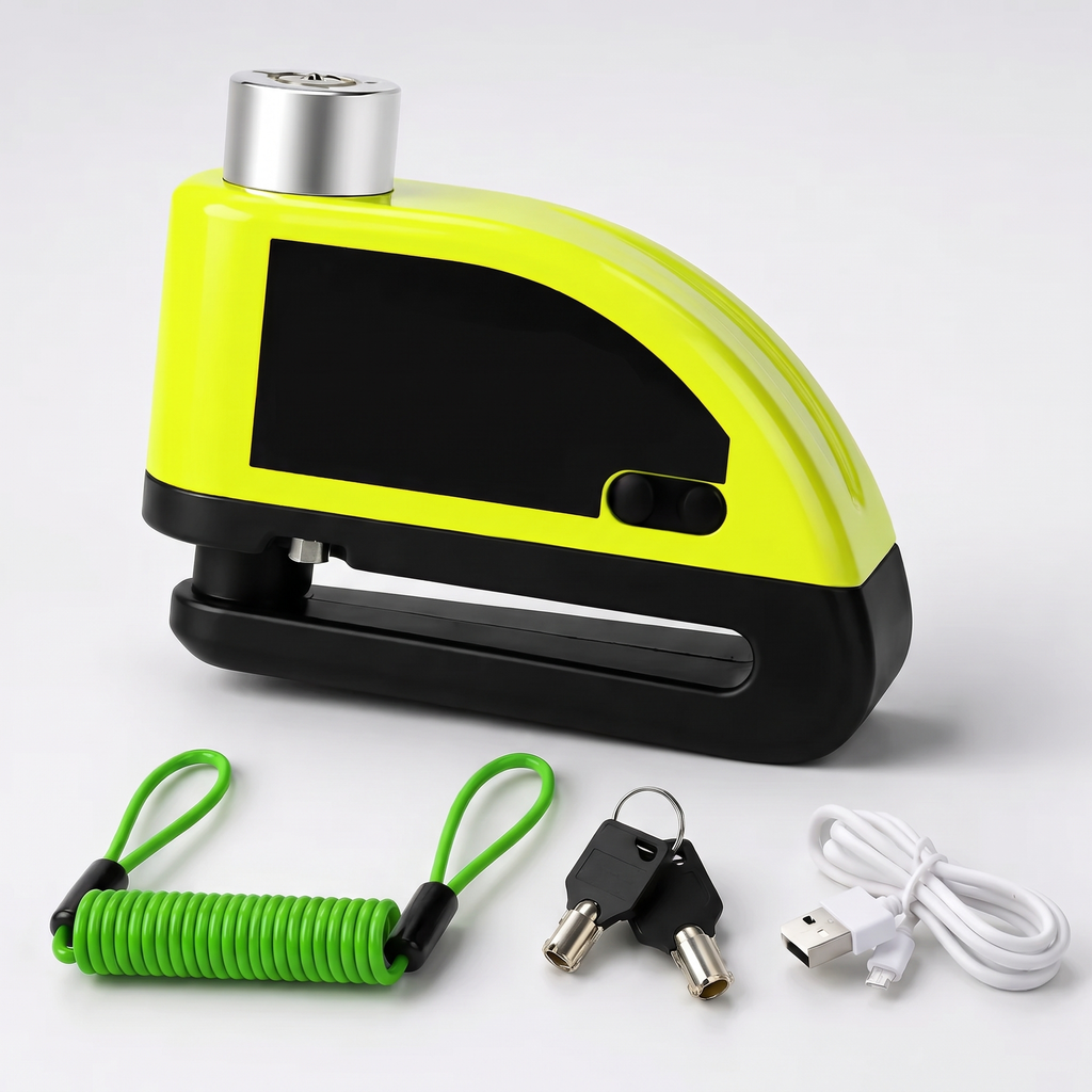 Nexmio disc lock alarm kit — yellow and black with reminder cable, keys and USB cable