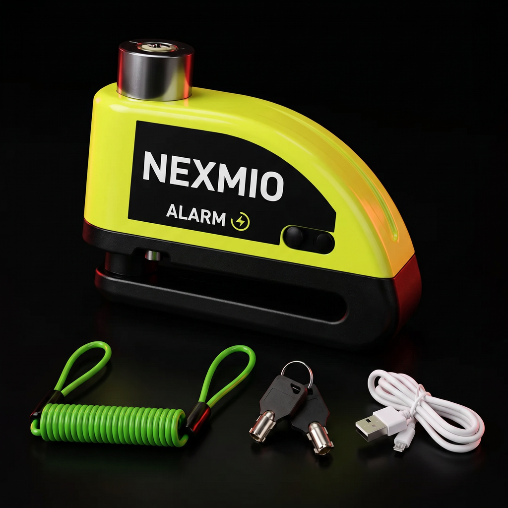 Nexmio disc lock alarm — premium branded studio shot on black