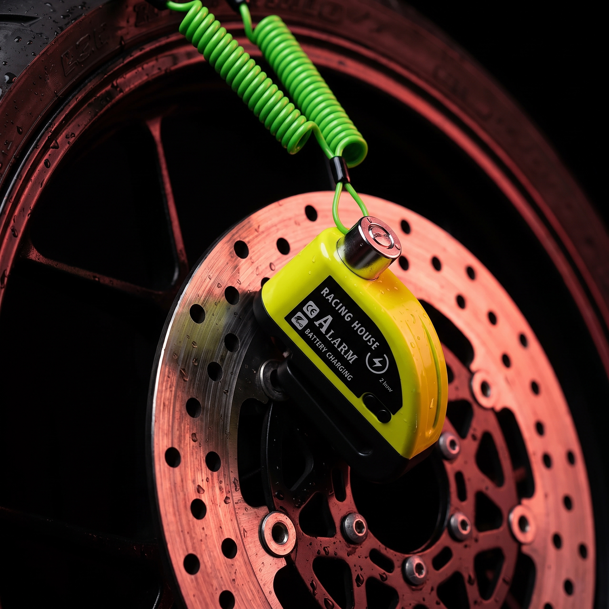 How to use — Nexmio lock on motorcycle brake rotor, night