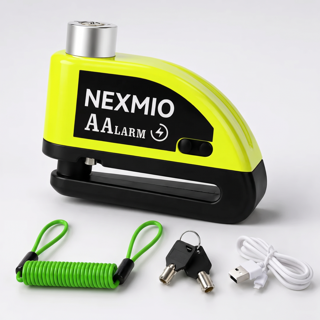 Nexmio disc lock alarm — clean light studio, full kit