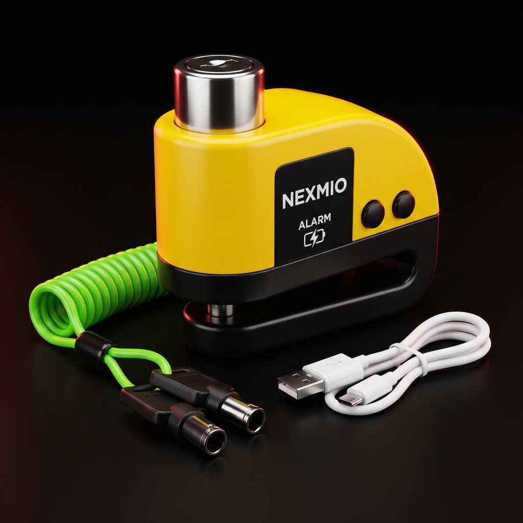 Nexmio disc lock alarm — premium black studio, full kit