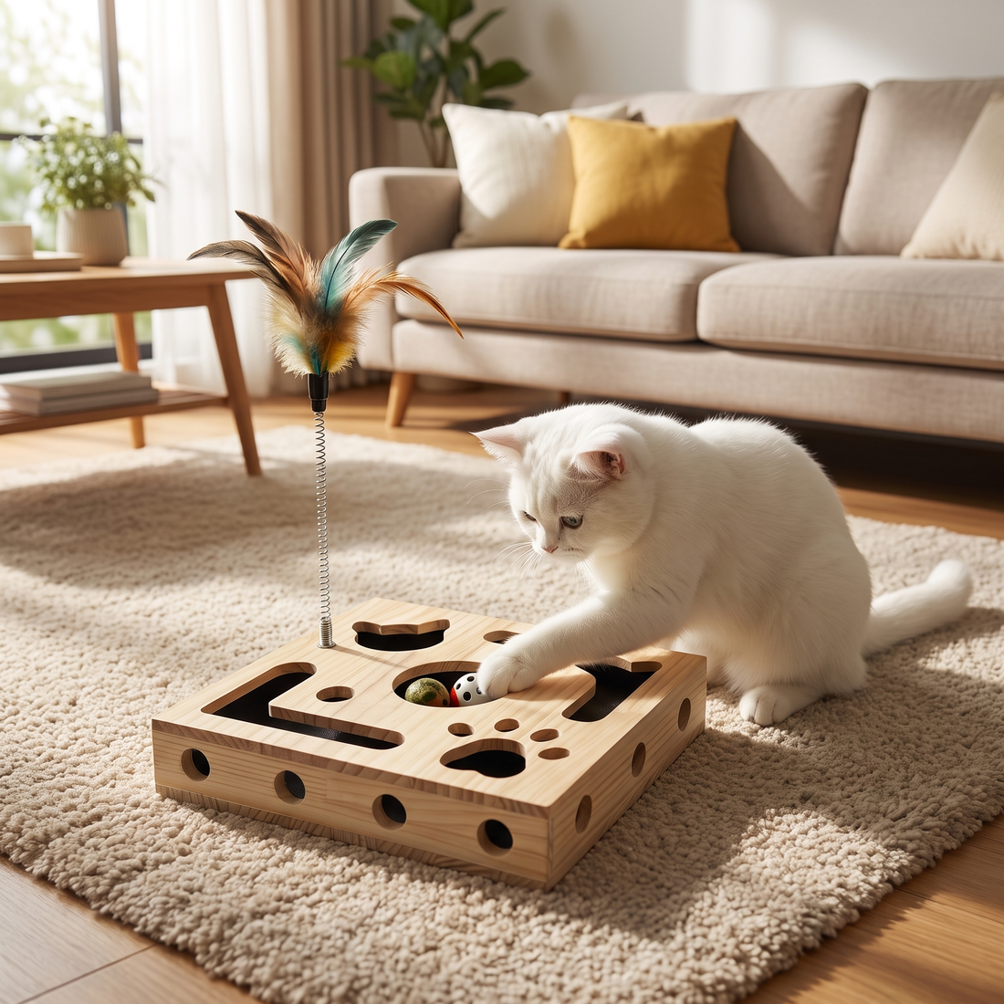 White cat playing with the PawJoy Play Box at home
